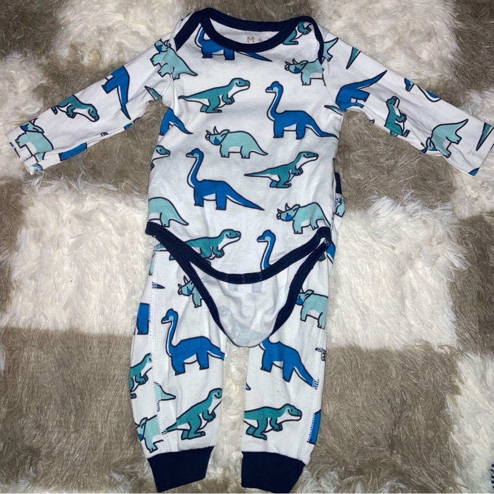 Blue and Green Bodysuit with Playful Dinosaur Print